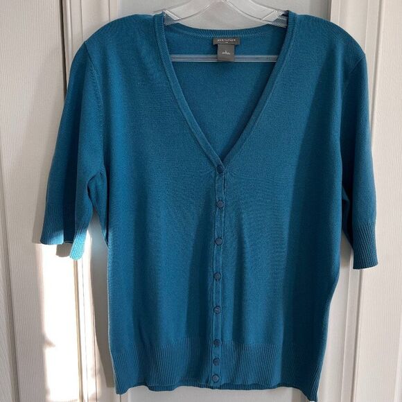 Ann Taylor Lightweight Dark Teal Blue V Neck Cardigan Size Large - Picture 1 of 7